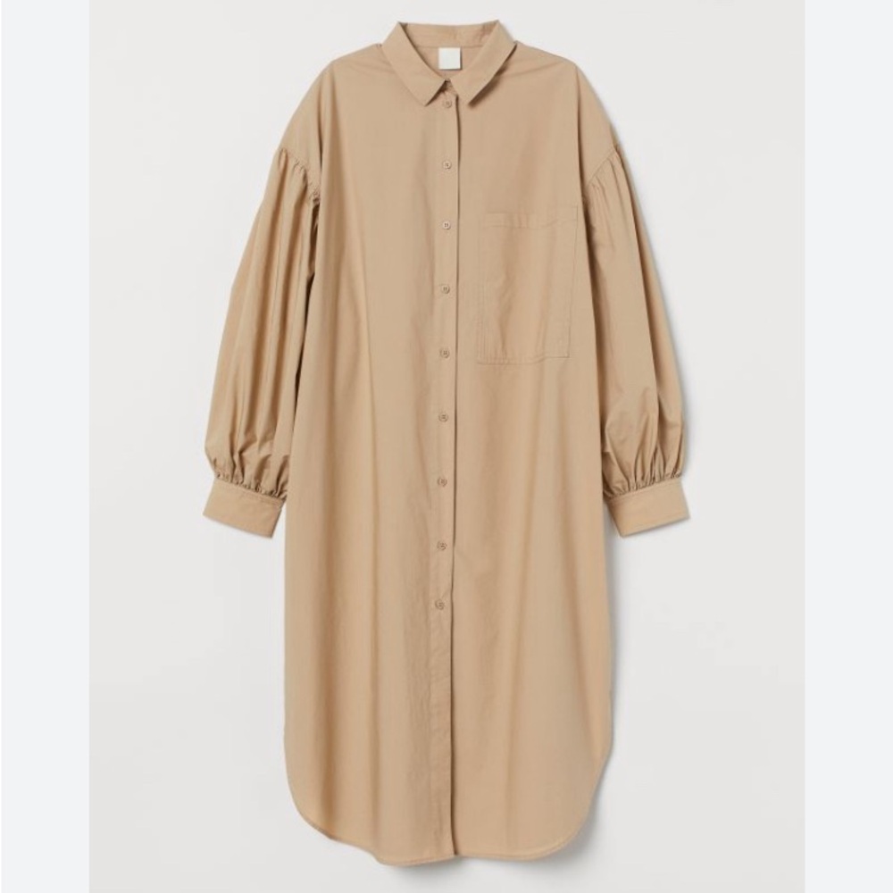 H&M oversize shirt beige dress! Button down! Puff sleeves, cuffs Size M